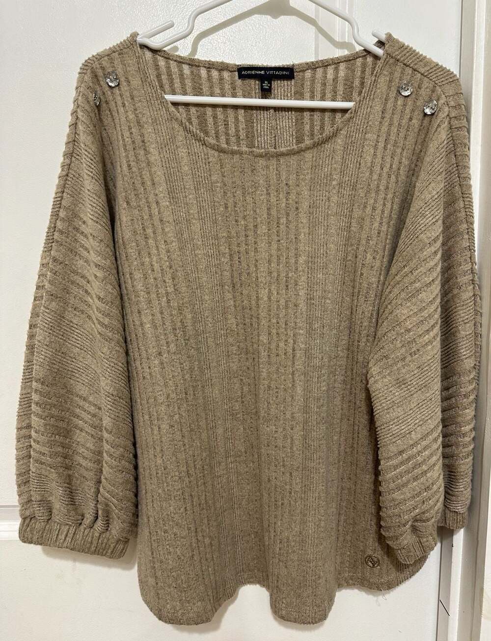 Adrienne Vittadini Women's Ribbed Knit Puff Sleeve Sweater, Taupe, Size XL